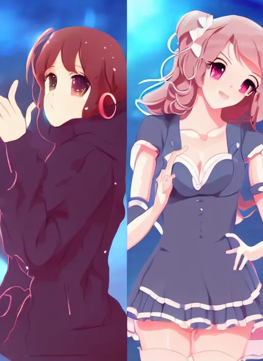 Prompt: two beautiful mature idols performing, gorgeous faces, smooth, thick lines, cinematic lighting, detailed anime art