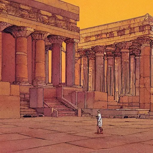 Prompt: Moebius illustrations of antic temple,