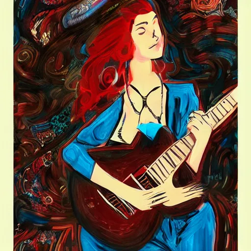 Image similar to beautiful women playing guitar, tv in the background, weta studios, art poster, in the style of james jean