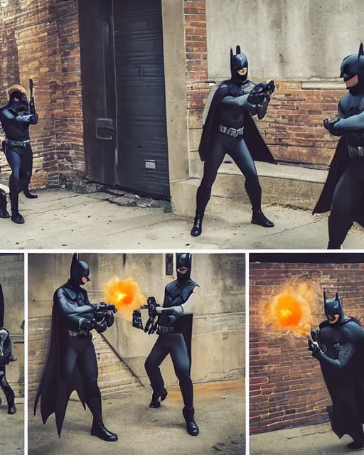 Prompt: happy batman firing super soaker water gun at playful criminals in an alleyway, everyone having fun, product advertisement, photography