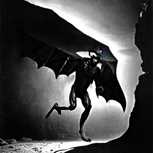 Image similar to a close - up, black & white studio photographic portrait of a loud screeching giant, bat - like creature flying towards you, you are exploring an alien planet and come across a strange, dark cave, dramatic backlighting, 1 9 7 3 photo from life magazine, by keith thompson,