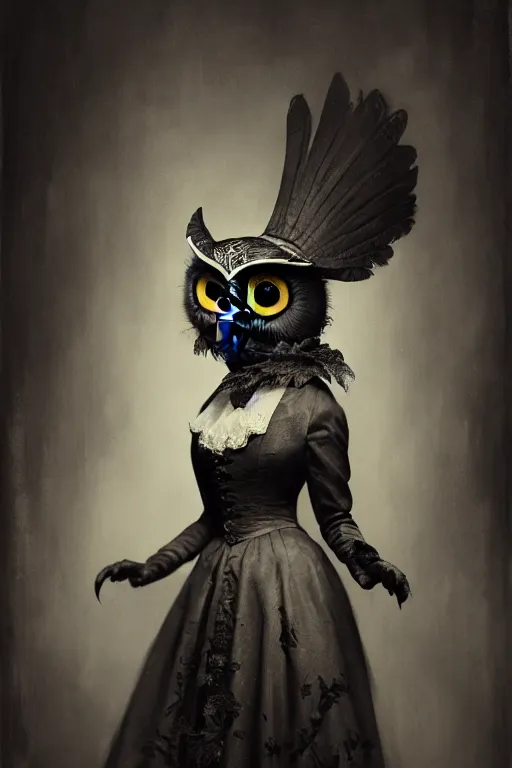 Image similar to wet plate photograph of an anthropomorphic owl dressed in a victorian - era ballgown, dramatic lighting, highly detailed, digital painting, artstation, concept art, smooth, sharp focus, illustration, art by wlop, mars ravelo and greg rutkowski