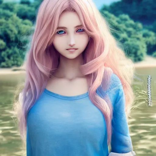 Image similar to a very beautiful anime girl, full body, long wavy blond hair, sky blue eyes, full round face, short smile, cute top, short jeans, summer lake setting, cinematic lightning, medium shot, mid-shot, highly detailed, trending on Artstation, Unreal Engine 4k, cinematic wallpaper by Stanley Artgerm Lau, WLOP, Rossdraws, James Jean, Andrei Riabovitchev, Marc Simonetti, and Sakimichan