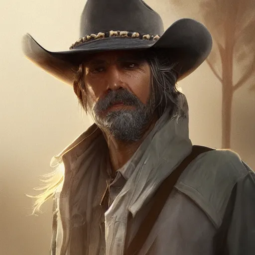 Prompt: portrait of a man with a long duster, grey hair and a cowboy hat walking in a western town, hard good looking face, middle aged, drawn by Ruan Jia, disco elysium art, fantasy art, dramatic lighting, digital art, 8k, highly detailed