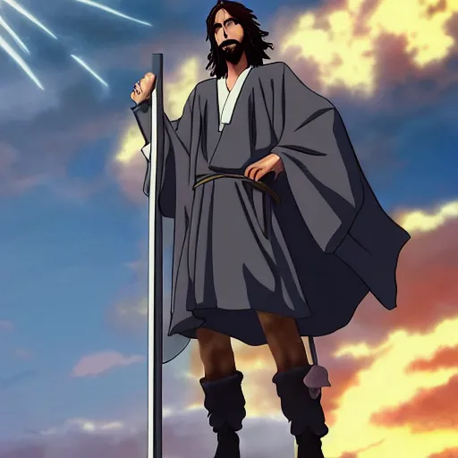 Image similar to anime jesus standing on the line between heaven and hell, highly detailed