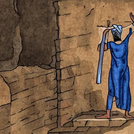 Prompt: award winning cinematic still of 40 year old Mediterranean skinned man in ancient Canaanite clothing building a broken wall in Jerusalem, ink and color watercolor in the style of a 2022 modern illustration