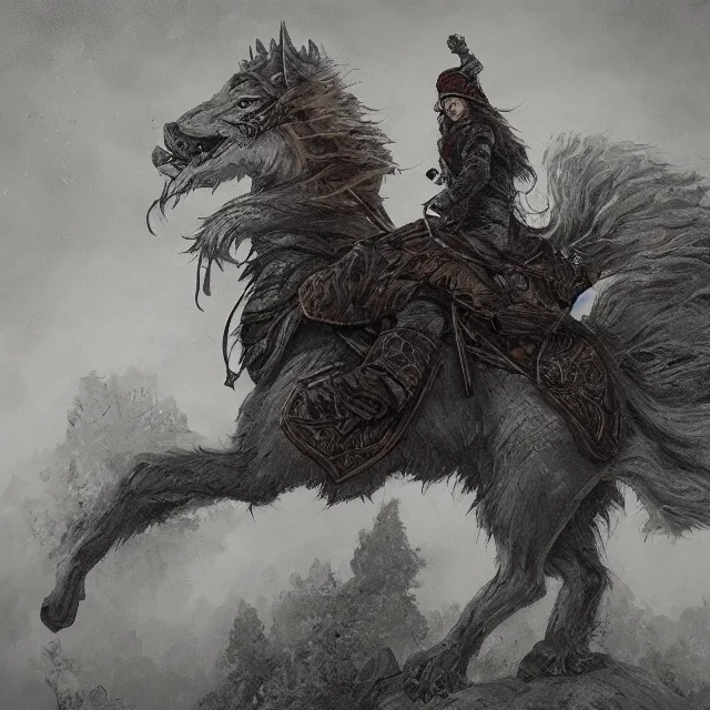 Image similar to young tsarevitch ivan riding on big grey wolf, slavic folk fairytale, story, fable, dramatic, fantasy art, an ultrafine detailed painting, academic art, ornate, inticate, elegant, sharp focus, artstation, by pavel korin, viktor vasnetsov