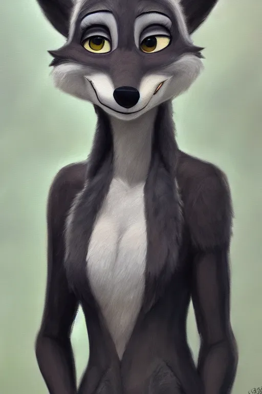 Image similar to oil painting of anthromorphic female wolf, in style of zootopia, female fursona, furry, furaffinity, 4 k, deviantart, furry art, fursona art, wearing black business suit, business suit, wolf fursona, female, smug expression,