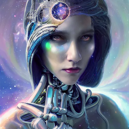 Image similar to a female robot AI painting beautiful cosmic art on a canvas, by artgerm and wlop and scott fischer and seb mckinnon, digital art, highly detailed, wide shot, intricate, fantasy, mystical, sharp focus, Trending on Artstation HQ, deviantart, unreal engine 5, 4K UHD image