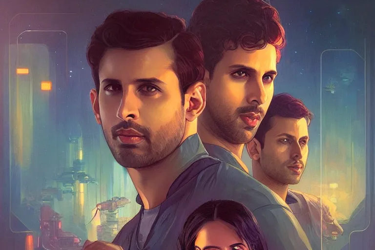 Image similar to Sensual good looking pale young Indian doctors wearing Blade Runner 2049 clothing in a space station above Earth, portrait, elegant, intricate, digital painting, artstation, concept art, smooth, sharp focus, illustration, art by artgerm and greg rutkowski and alphonse mucha