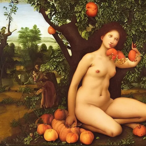 Image similar to beautiful multiracial woman eating an quince from a tree in the garden of eden, realistic renaissance master genius painting