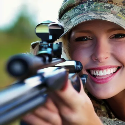 Image similar to closeup very beautiful blonde female sniper looking at l 9 6 a 1 with mischievous smile and happy eyes