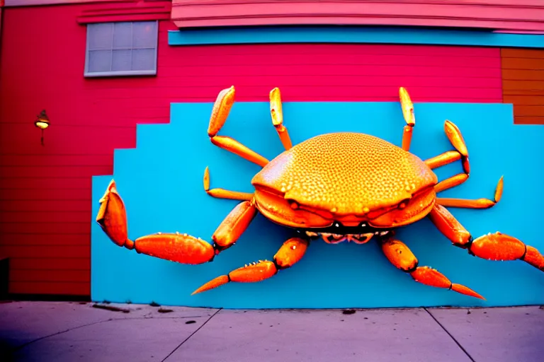 Image similar to 2 0 1 5 cute giant crab terrorizing a city, googie city, americana, fishcore, exterior photography, hd 8 k, photography cinestill