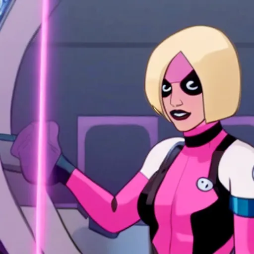 Image similar to A still of Gwenpool in Deadpool 3 (2023), no mask, blonde hair with pink highlights