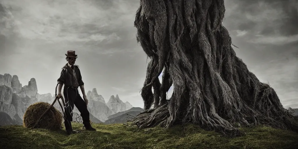 Image similar to alpine farmer transforming into a monster ,roots and hay coat, dolomites in background, dark, eerie, despair, portrait photography, artstation, highly detailed, sharp focus, by cronneberg