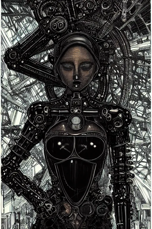 Prompt: dreamy gothic girl, abstract black leather, gear mecha, beautiful woman body, detailed acrylic, grunge, intricate complexity, by dan mumford and by alberto giacometti, peter lindbergh