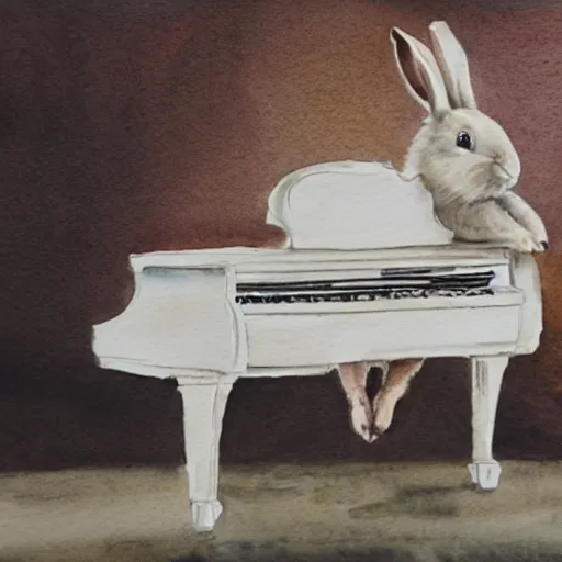 Image similar to a rabbit playing on a white grand piano inside a concert hall, realistic watercolour