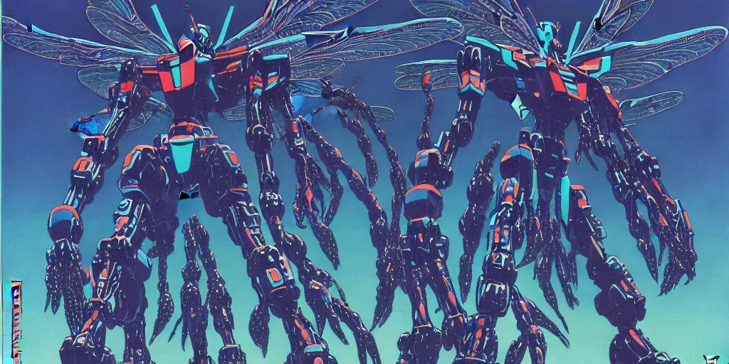 Image similar to risograph rendition of extremely - detailed black gigantic evangelion - like dragonfly mecha with a lot of blue children heads on it, ominous, intricate complexity, dramatic, epic composition, atmospheric, painting by moebius