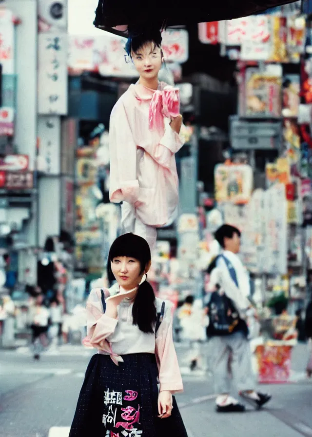 Image similar to a street fashion photograph of a cute japanese woman in 9 0 s fashion, in tokyo akihabara, shot on cinestill 5 0 d with a 3 5 mm at f / 2. 8 lens, print magazine, photorealistic, nineties nostalgia, 4 k