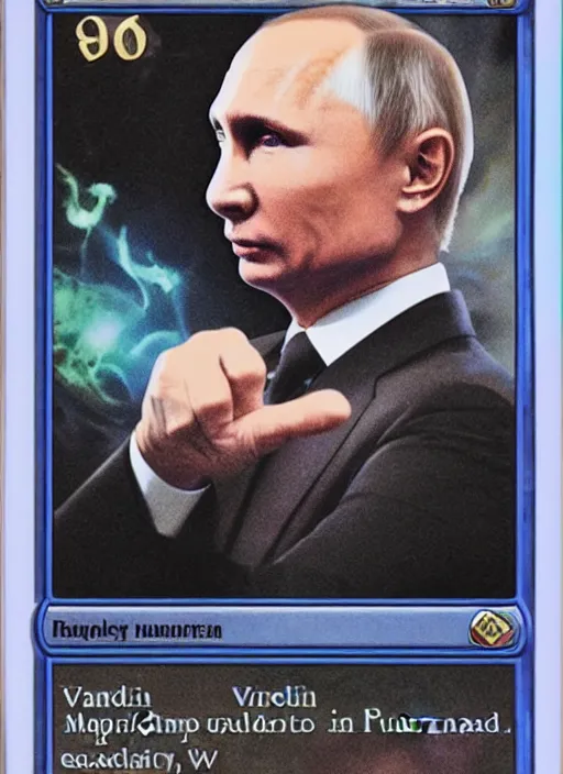 Prompt: a fully photographed magic the gathering card, depicting vladimir putin as a wizzard, 8 k