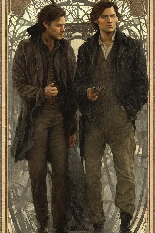 Prompt: a detailed matte portrait of sam winchester and dean winchester in a supernatural sherlock holmes story, 1 8 th century london in the rain, city streets, ominous, masterpiece, 8 k, art by alphonse mucha and greg rutkowski