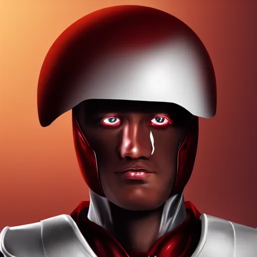 Image similar to headshot of a tall athletic muscular infantry man in glossy sleek white armor with tiny red details and a long red cape, heroic posture, strong jawline, on the surface of mars, night time, dramatic lighting, cinematic, sci-fi, hyperrealistic