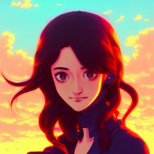 Image similar to Emmy Rossum, sunset, intricate, highly detailed, digital painting, artstation, official media, anime key visual, concept art, rich vivid colors, ambient lighting, sharp focus, illustration, art by Artgerm, Makoto Shinkai, Ilya Kuvshinov, Lois Van Baarle, and Rossdraws