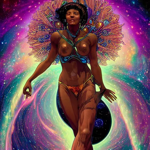 Image similar to highly detailed digital painting of a black female celestial being experiencing nirvana in space, colorful nebulas and planets in the background, highly detailed, intricate design, cinematic view, 8k resolution, artstation, by Akihiko Yoshida, Alphonse Mucha, and Moebius