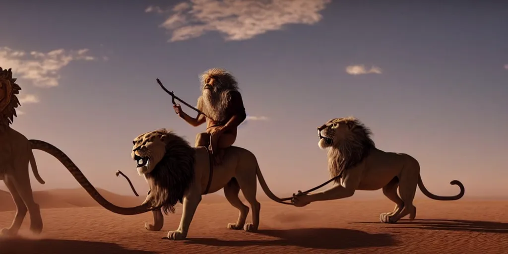 Prompt: a wise old man with a long white beard riding a lion in the desert, the man in holding a snake as though it where handlebars and the lion is holding the snake in its mouth, epic cinematic establishing shot, dramatic lighting
