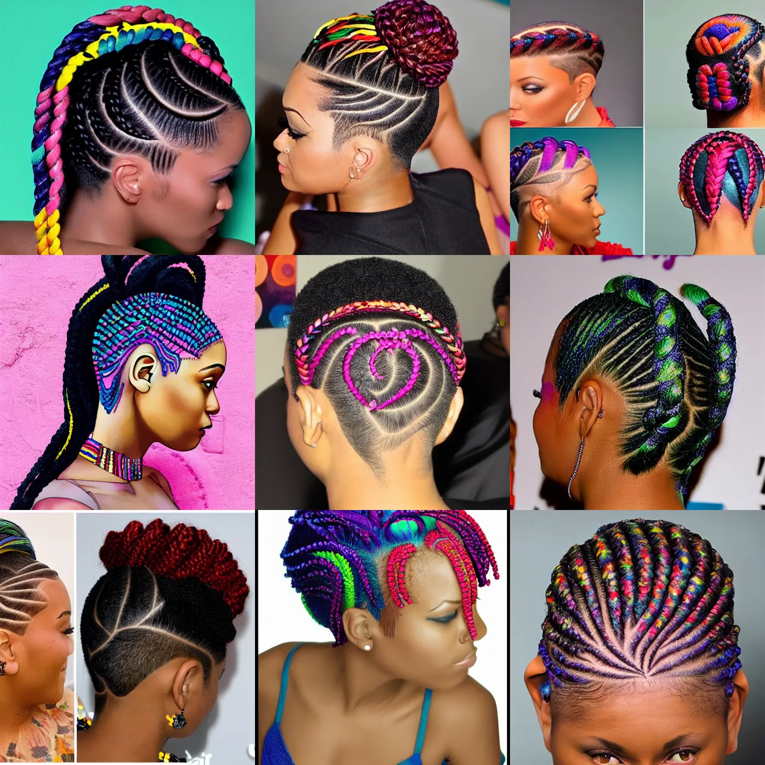 Prompt: a shaved hairstyle for women resembling and artistic depiction of the human brain with colorful festival braids on the sides