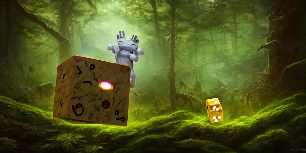 Image similar to anthropomorphic - cube - dice, lurking in the forest, cube - dice with little arms and legs, glowing energy, fantasy magic, by willian murai and jason chan and marco bucci, hyper detailed and realistic, illustration, sharp focus, cinematic, rule of thirds, forestpunk