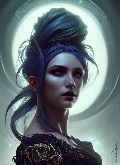 Image similar to a beautiful cinematic female Necromancer Sorceress, galatic shamen with Quantum energy fantasy, fantasy magic, undercut hairstyle, dark light night, intricate, elegant, sharp focus, illustration, highly detailed, digital painting, concept art, matte, art by WLOP and Artgerm and Greg Rutkowski and Alphonse Mucha, masterpiece