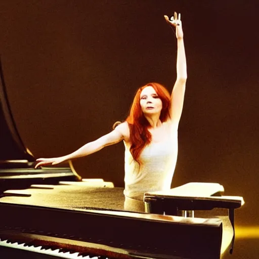 Prompt: tori amos stands atop a grand piano showing off her amazing yo yo tricks, beautiful photo