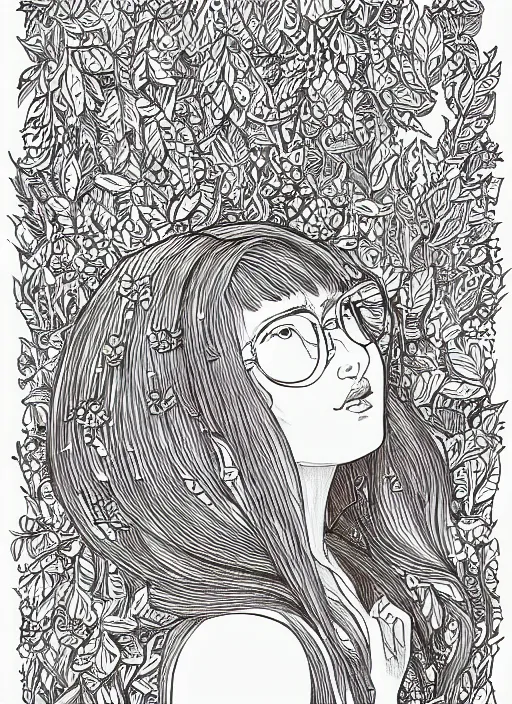 Prompt: clean line art of a woman with light brown hair and glasses sitting on a tall pile of books. well composed, clean coloring book page, beautiful detailed face. coloring book line art by johanna basford and greg rutkowski