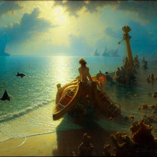 Image similar to point of view, you are deep in the ocean looking up, you see fishes, flora and fauna, higher you see the splendorous milk way illuminating the sea. highly detailed painting by gaston bussiere, greg rutkowski 8 k