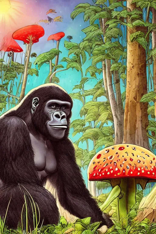 Image similar to gorilla holding an amanita muscaria, sunshine, by alba ballesta gonzalez and moebius. 4 k wallpaper, digital flat 2 d, japan animation, comic book, illustration, cinematic lighting, smooth sharp focus