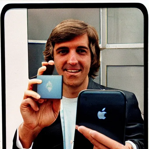 Prompt: a 1980's picture of a man holding an Iphone, Iphones in the 1980s, old photograph, advertisement for the Apple Iphone, video game advertisement
