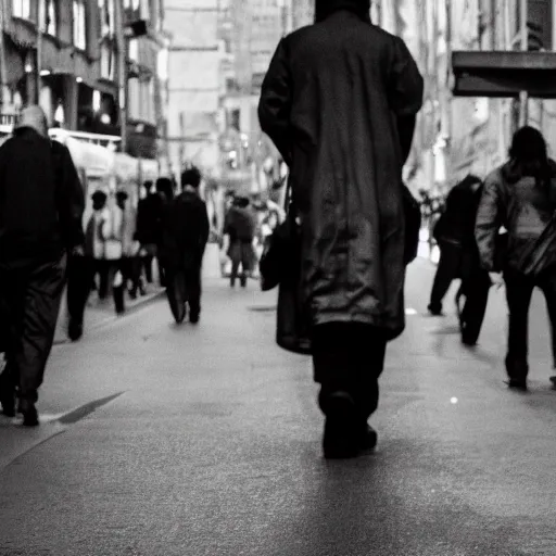 Prompt: film still, man walking in crowded street, realistic, black and white, detailed, shot on camera