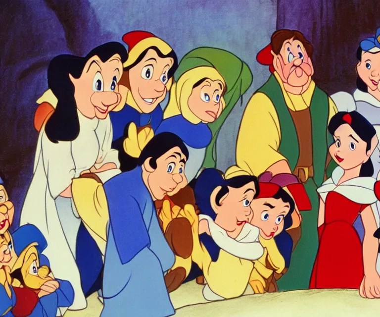 Prompt: snow white and the seven dwarves, disney, drawing, animation