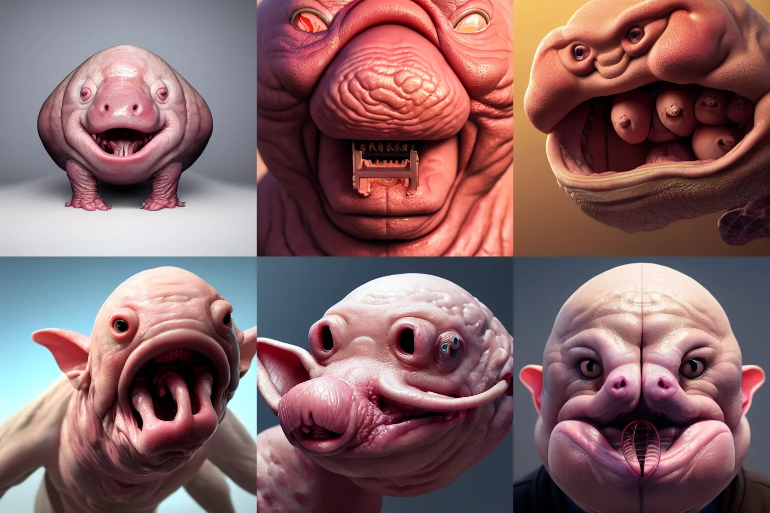 Prompt: incredibly realistic, too detailed face of bald blobfish with veins and tongue, octane render, bump mapping, macro image, global illumination, 8 k, bokeh, enki bilal, yuji himukai, jen zee, mohrbacher