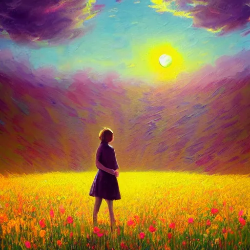 Image similar to girl with a blooming flower face, surreal photography, standing in flower field, in a valley, sunrise dramatic light, impressionistic painting, colorful clouds, artstation, simon stalenhag