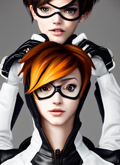 Image similar to portrait bust digital artwork of tracer overwatch, wearing white iridescent rainbow latex and leather straps catsuit outfit, 4 k, expressive happy smug expression, makeup, in style of mark arian, angel wings, wearing detailed black leather collar, chains, black leather harness, detailed face and eyes,