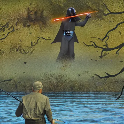 Prompt: Darth Vader fishing for a crucian carp with floater on a pond surrounded with burches, on sunset, realistic photo,