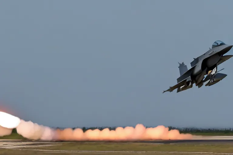 Image similar to photo of an f16 fighter jet in fligh, launching missles