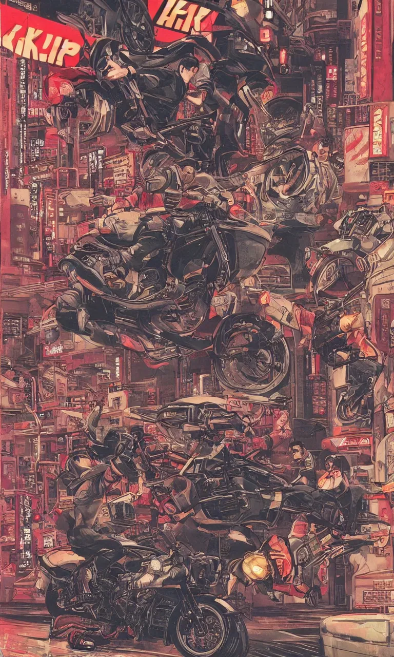 Prompt: akira by john berkley, pulp cover, very detailed action scene, cyberpunk bike race in neo tokyo