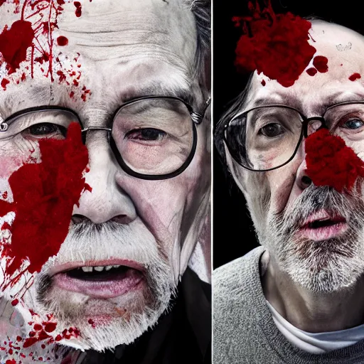 Image similar to old man cover with bloods, art by joongwon charles jeong, tjalf sparnaay, gottfried helnwein, roberto bernardi, emanuele dascanio, robin eley, eloy morales