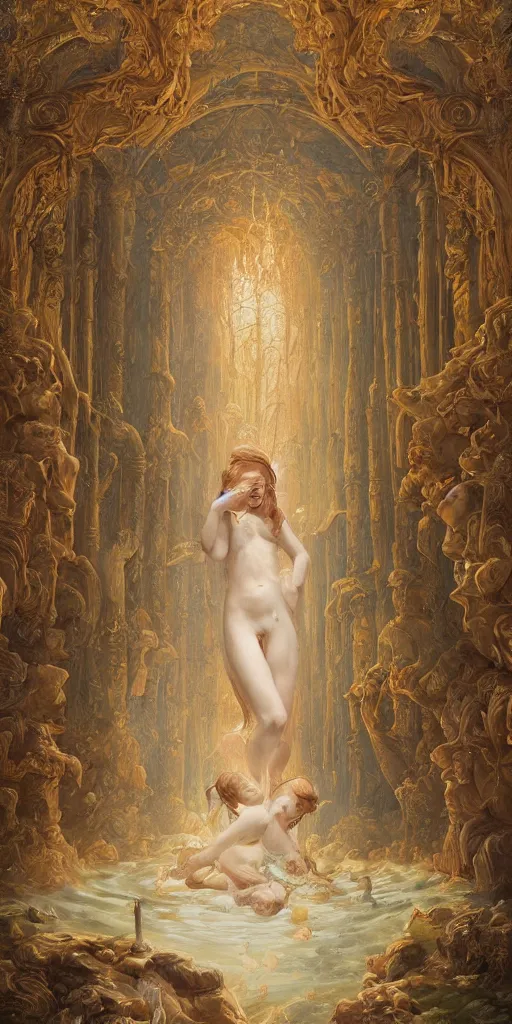 Image similar to a stunning and noble highly detailed romantic period style painting of the place where gods come into being by james jean, josep tapiro baro and harles sillem lidderdale, trending on artstation, oil painting masterpiece, symmetry, rule of thirds, mysterious
