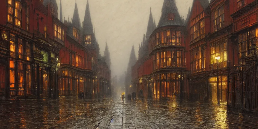 Image similar to Victorian city street on a rainy day in London, evening, low angle view, detailed matte painting, cinematic, John Atkinson Grimshaw, Artstation