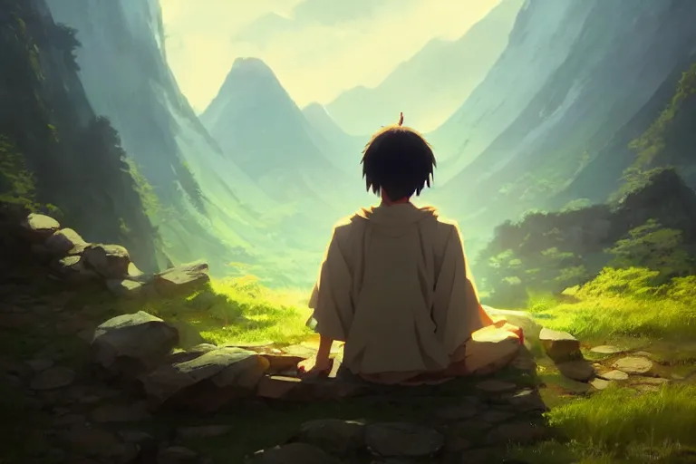 Prompt: ultra realistic, monk smoking, mountain, colors, 8 k, hd, details, fantasy, epic, ancient city, landscape illustration concept art anime key visual trending pixiv fanbox by wlop and greg rutkowski and makoto shinkai and studio ghibli and kyoto animation symmetrical facial features