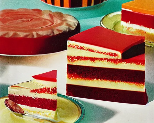 Prompt: 1970's cookbook color photograph of jello cake ambrosia detail high detail